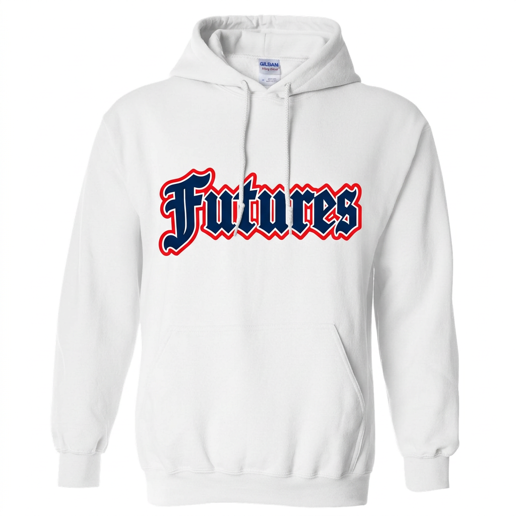 Gildan 18500 white hoodie with Futures logo