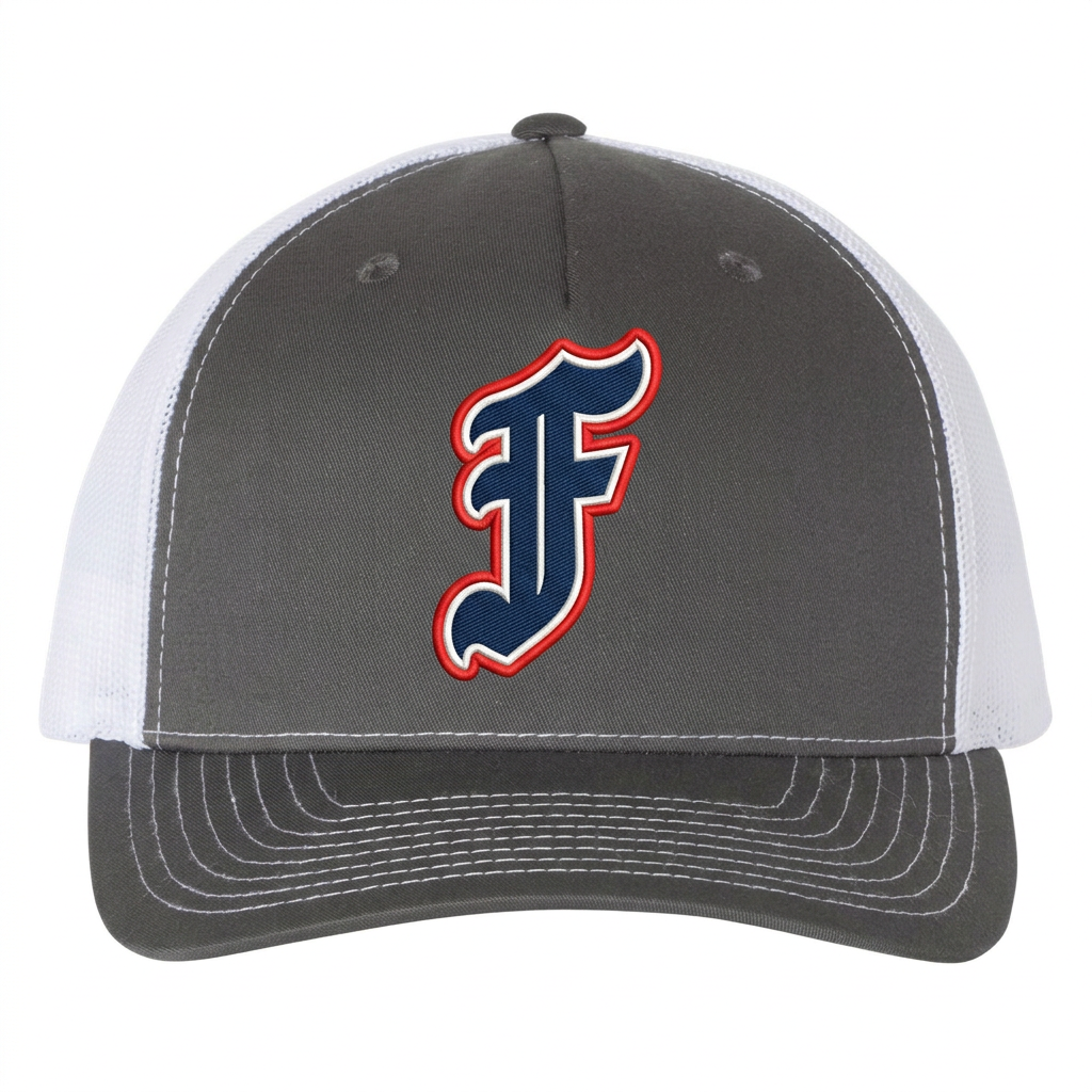 Charcoal and white Richardson 112FP cap with embroidered-look F