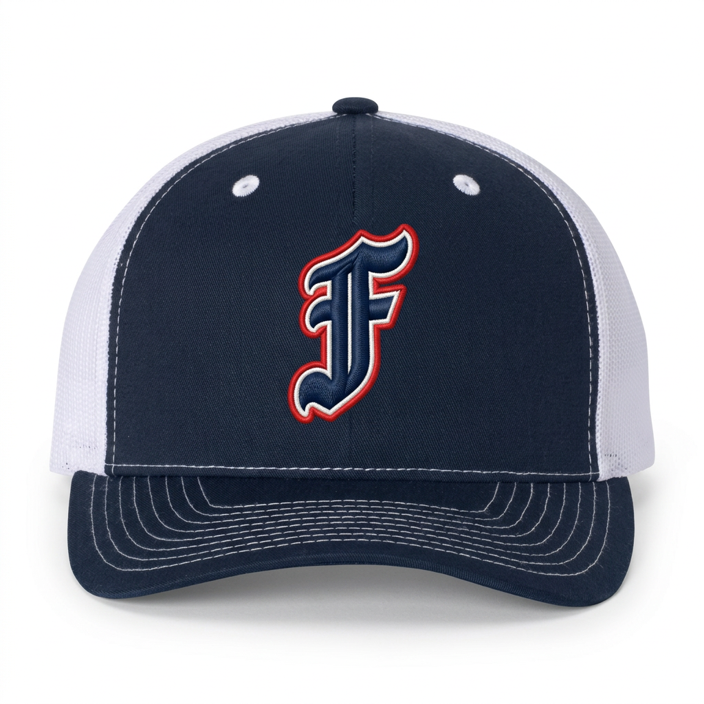 Navy and white Richardson 112FP cap with embroidered-look F